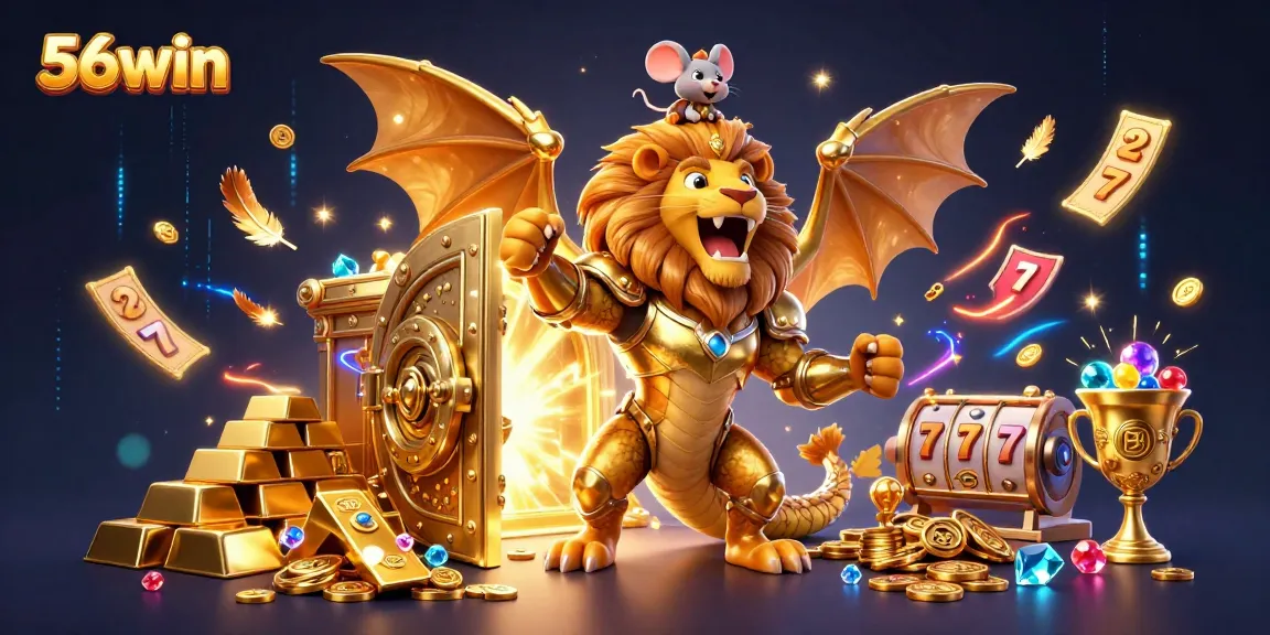 Experience excitement with 56win as the chimera and mouse jockey celebrate a jackpot at the casino.