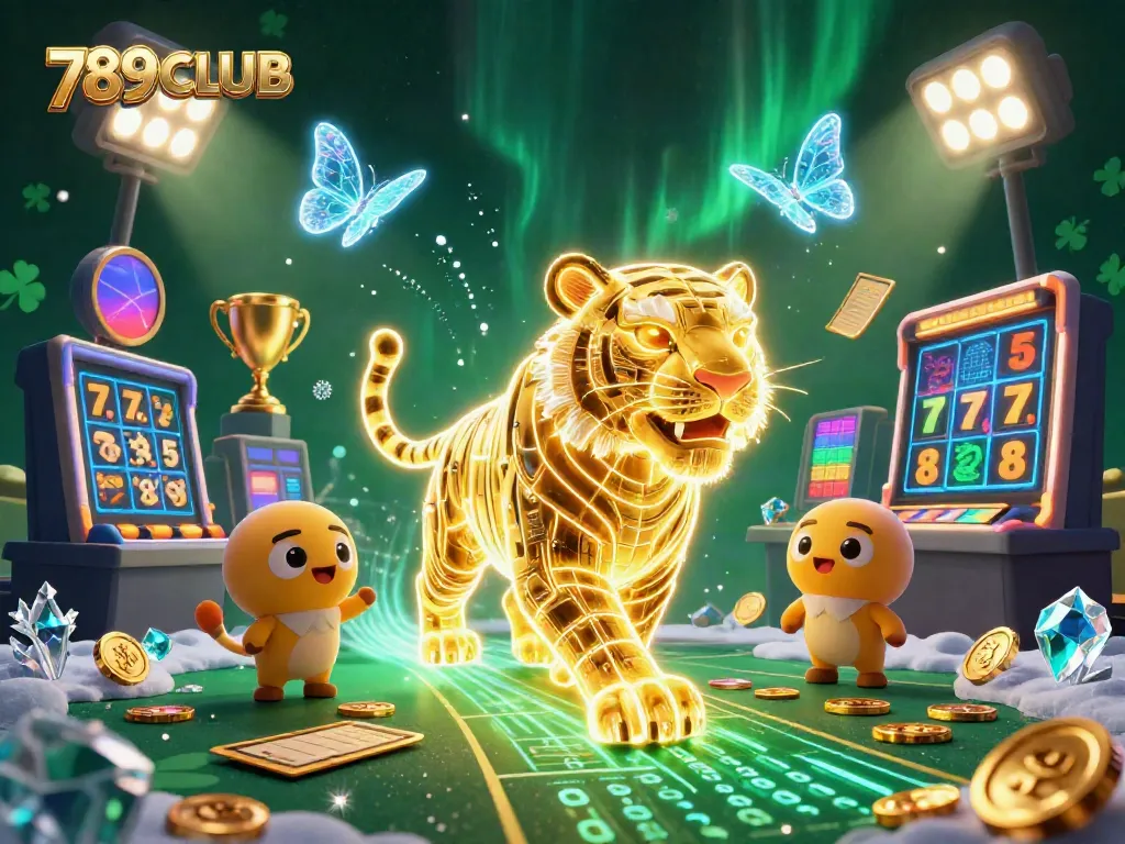 Experience the vibrant world of 789CLUB with an enchanting neon tiger in a digital casino setting.