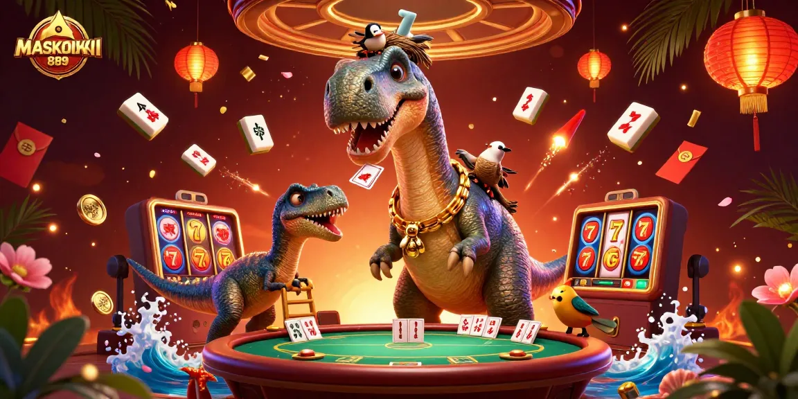 Engage with MASKOKI889’s jackpot excitement featuring a towering brontosaurus and vibrant slot elements.
