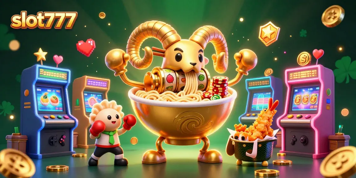 Experience slot777 through a vibrant 3D scene of a golden ramen bowl dealer amidst colorful casino elements.