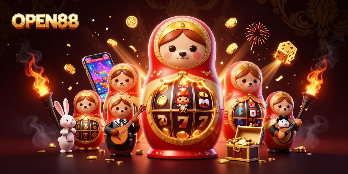 Experience thrilling wins with OPEN88 at a vibrant casino scene featuring slot machines and festive characters.