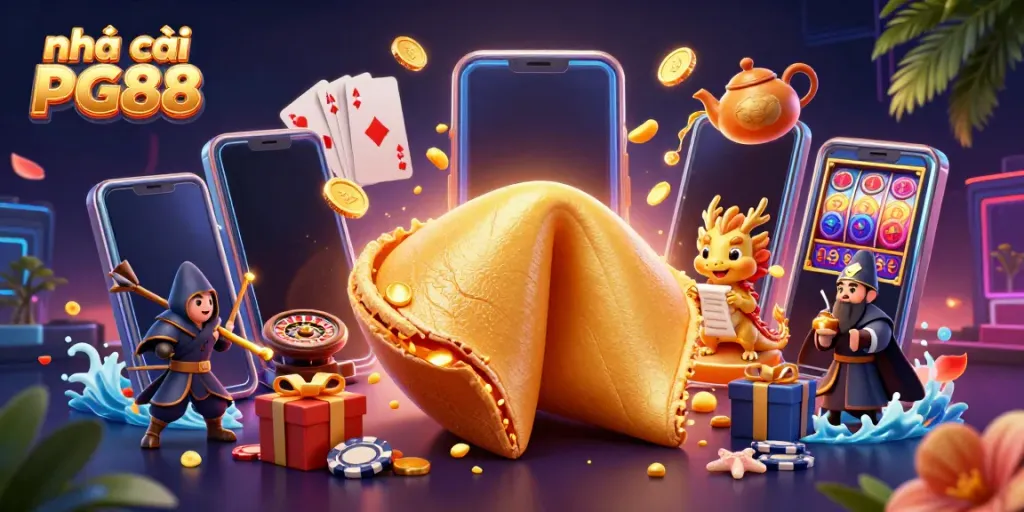 Engage with nhà cái PG88's dynamic gaming scene featuring vibrant slot games and golden elements.