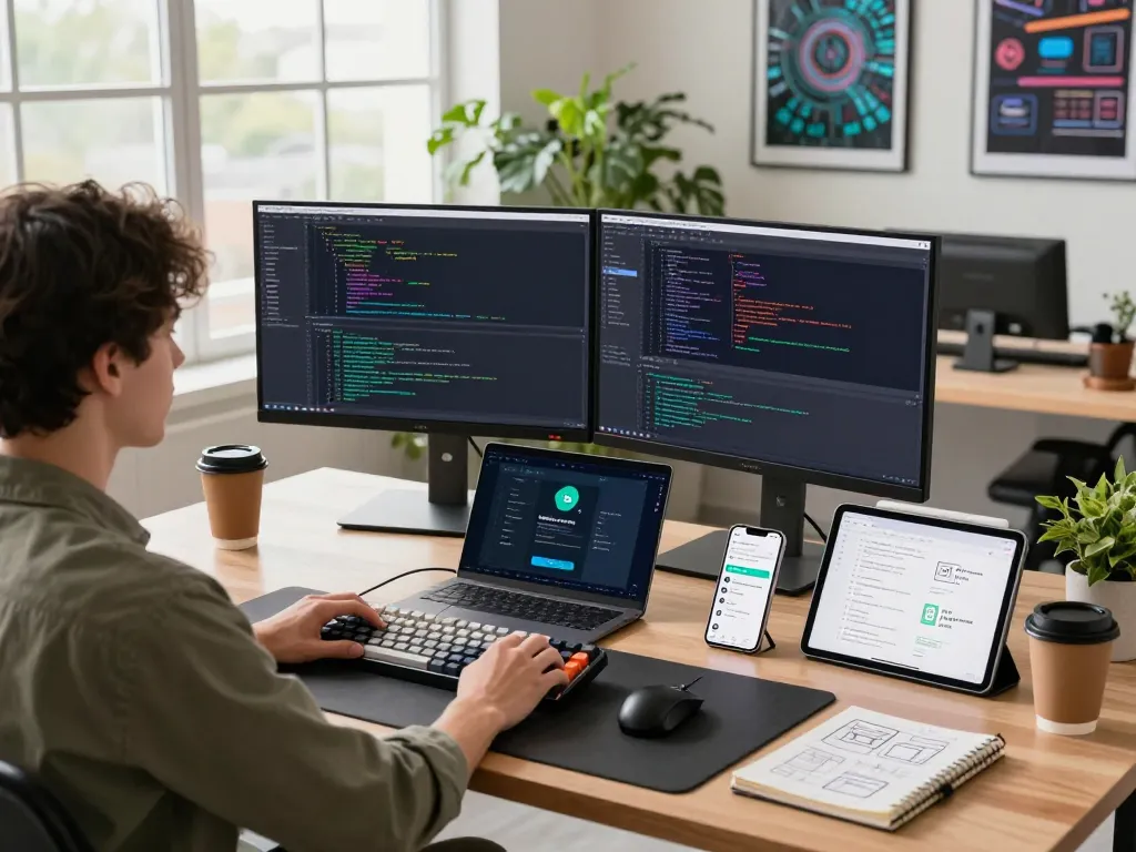 快连 enhances your coding experience in a modern tech workspace with innovative devices and natural light.