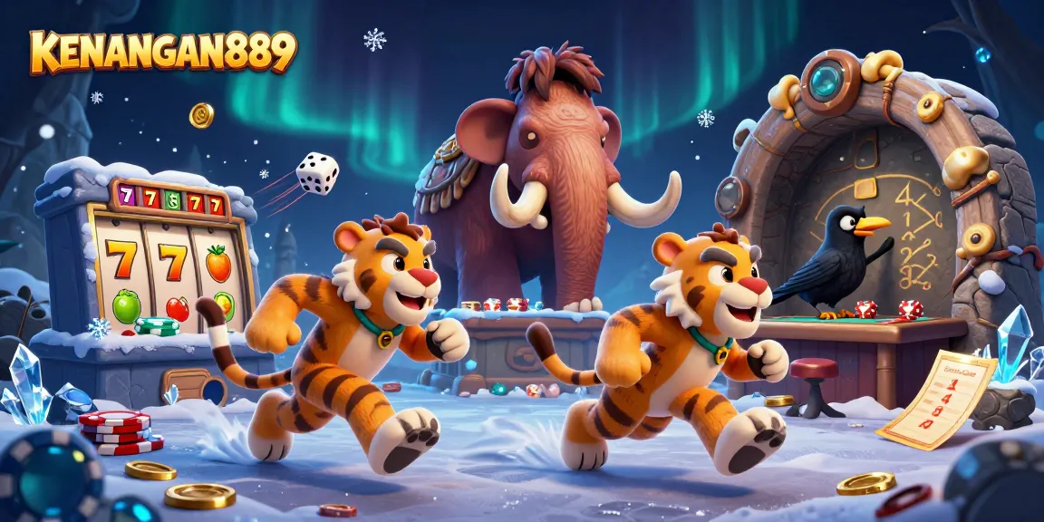 KENANGAN889 engages players with slot reels spinning dynamically in an animated casino scene.