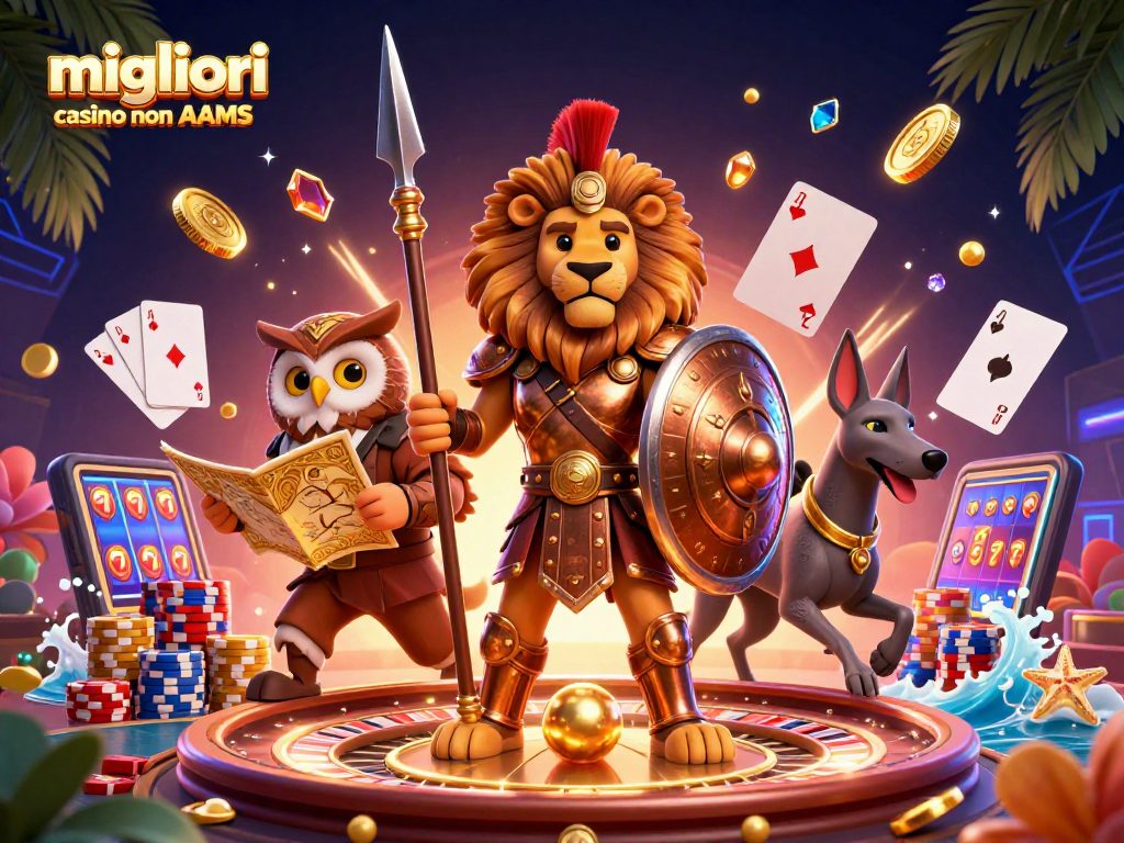 Scopri i migliori casino non AAMS con un leone guerriero e personaggi avventurosi.