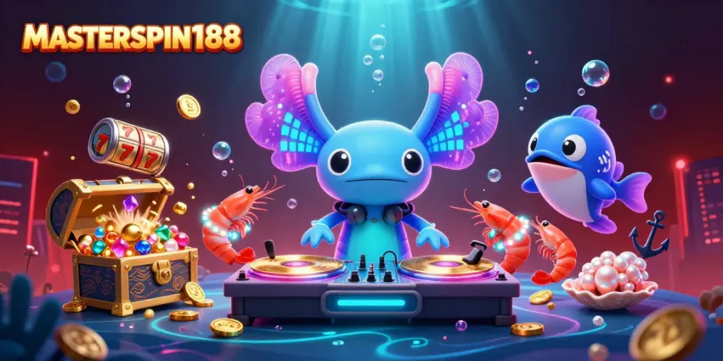Experience the excitement of MASTERSPIN188 with vibrant casino-themed underwater scenes.