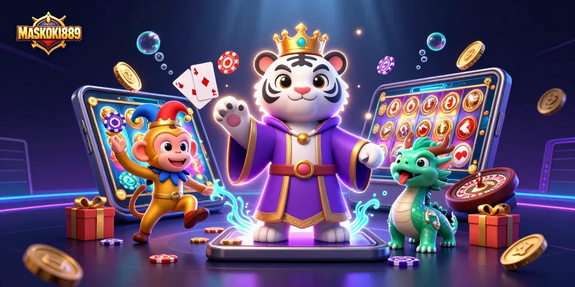 Experience the thrill of gaming at MASKOKI889 with vibrant 3D casino elements and engaging characters.