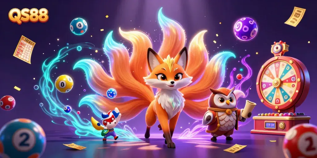 Engage in thrilling gaming with QS88, featuring a vibrant nine-tailed fox spirit and lucky lottery elements.