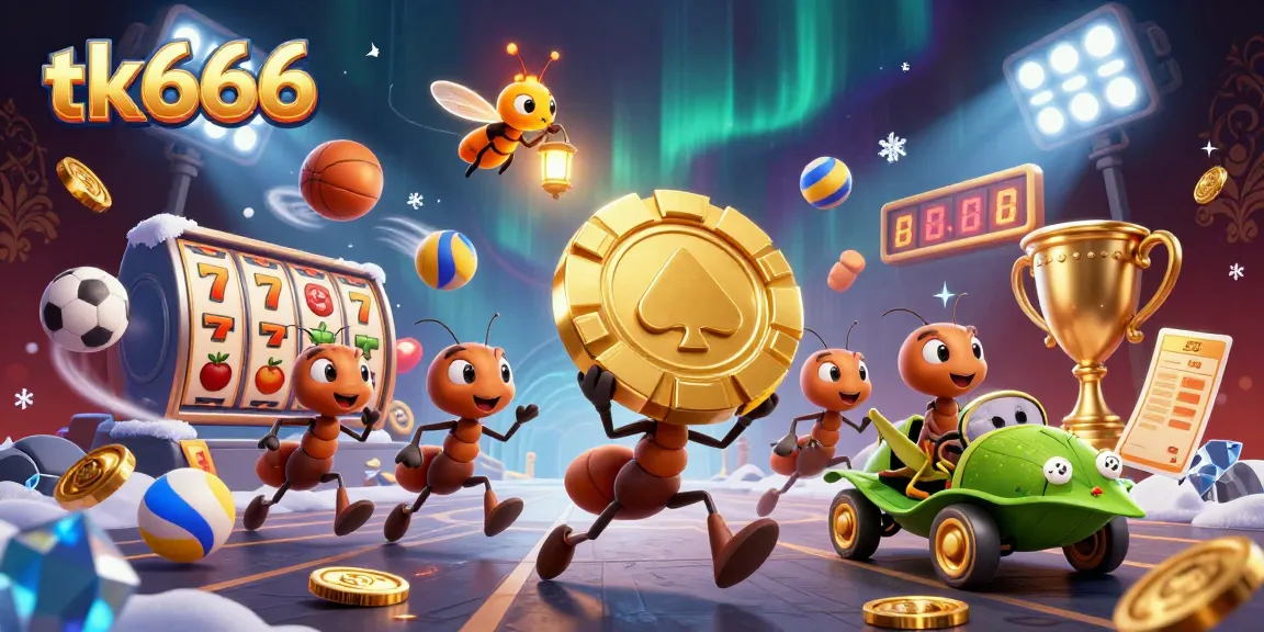 Experience thrilling wins at tk666 with cartoon ants on a heist, dynamic slot reels, and vibrant casino elements.