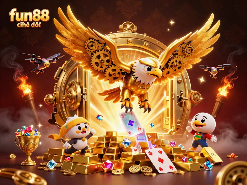 Experience the thrill of fun88 chính thức with a golden eagle soaring through vibrant casino elements.