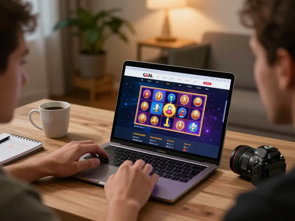 LGO GOAL portal displayed during an online gaming session in a cozy home office setting.