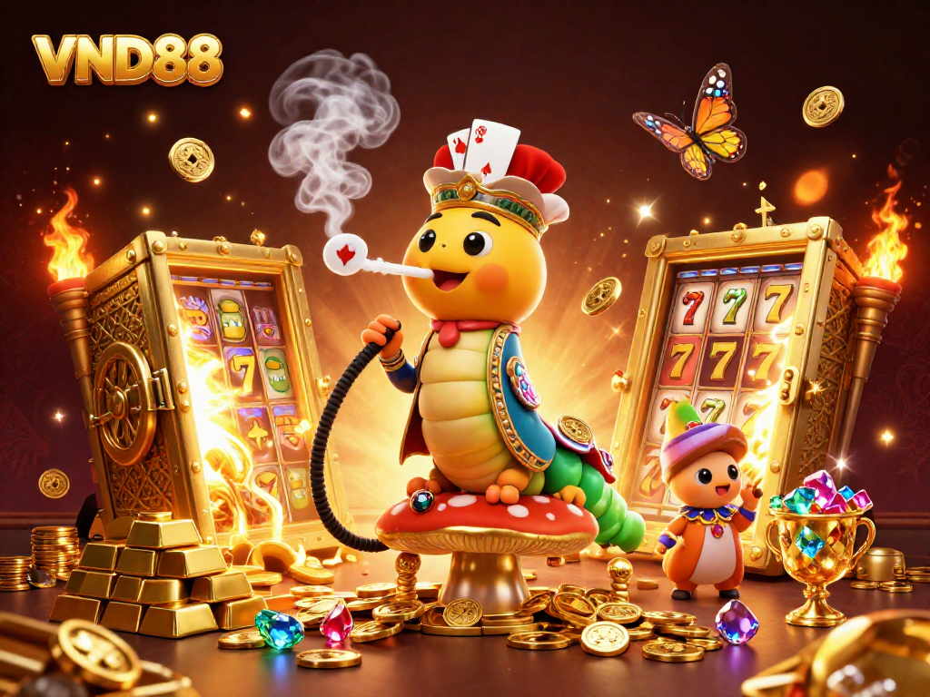 VND88 captures an exciting casino scene with a caterpillar poker master amidst golden jackpots.