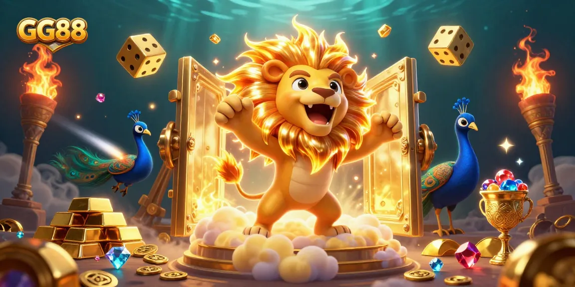Experience the joy of gaming at GG88 with our dazzling casino scene featuring a roaring lion and golden treasures.