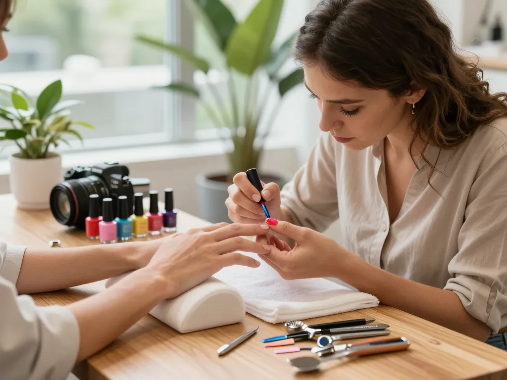 Professional technician painting nails with vibrant colors in a serene salon setting.