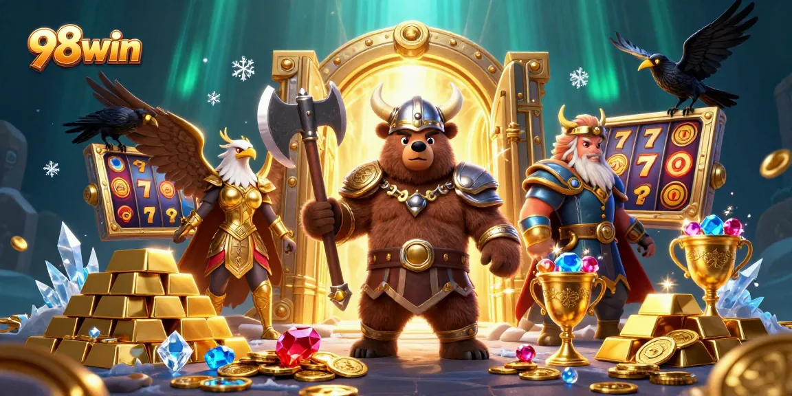 Spin the reels with 98win's Viking adventure, surrounded by treasure and gaming elements.