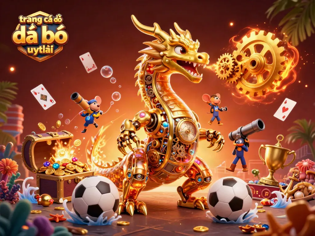 Khám phá trang cá độ đá bóng uy tín với hình ảnh rực rỡ của rồng vàng cơ khí và các yếu tố thể thao tại sân vận động.