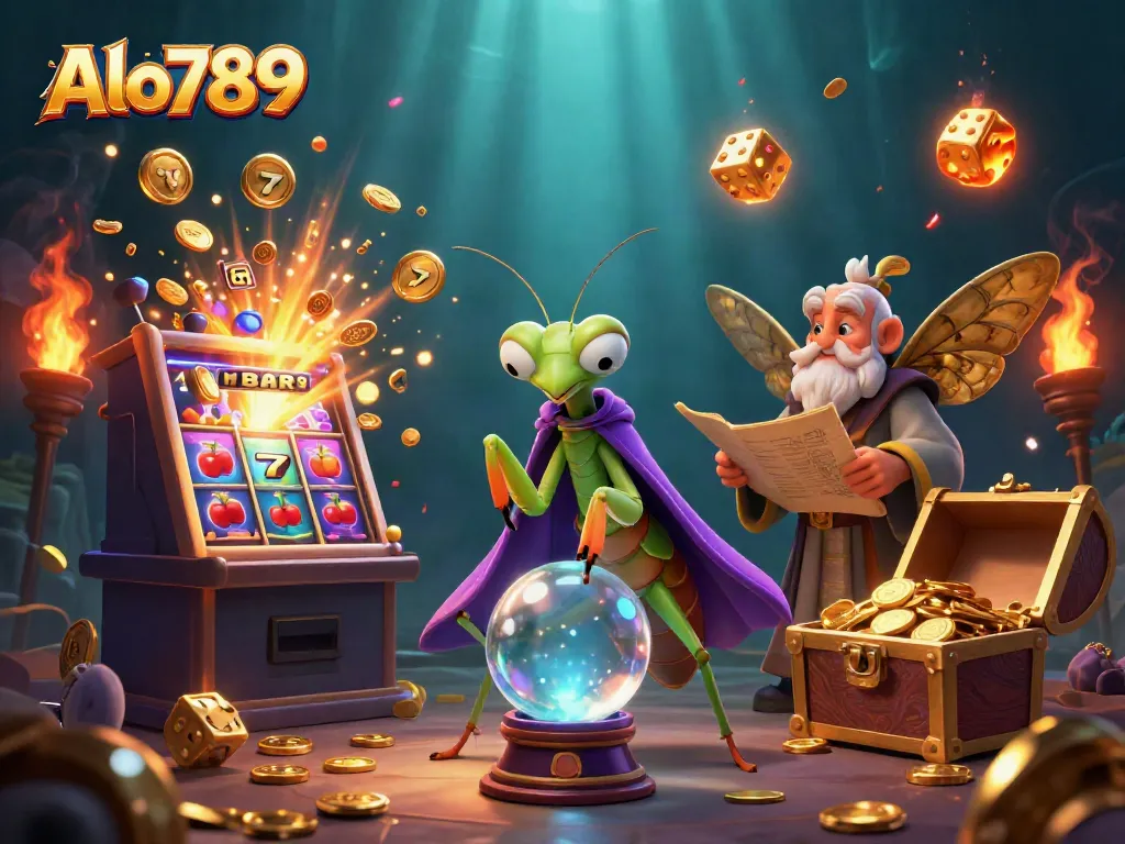 Engage in thrilling gameplay at Alo789 with a vibrant casino scene featuring a praying mantis fortune teller and a moth librarian.