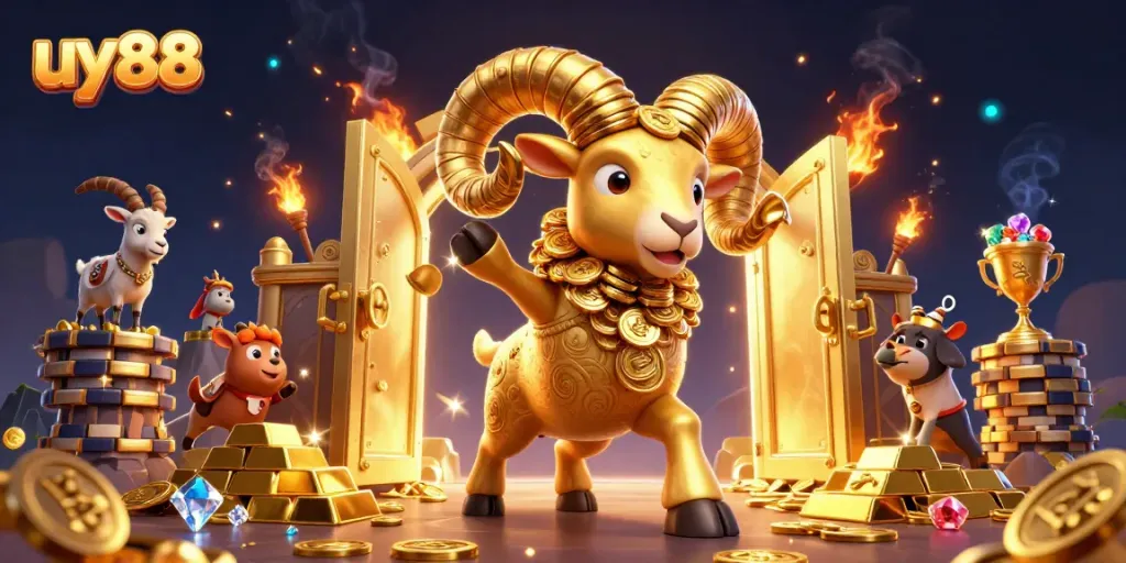 Engage with uy88 through a thrilling golden ram casino scene rich in treasures and vibrant energy.