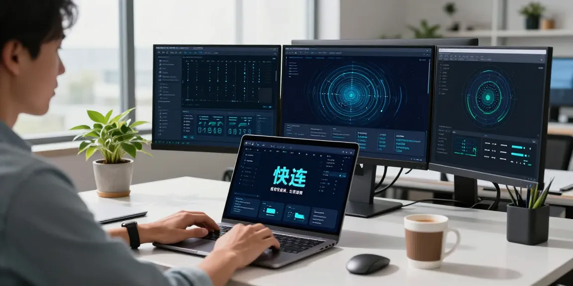 使用快连的现代办公室场景，展示网络优化软件，营造高效工作氛围。