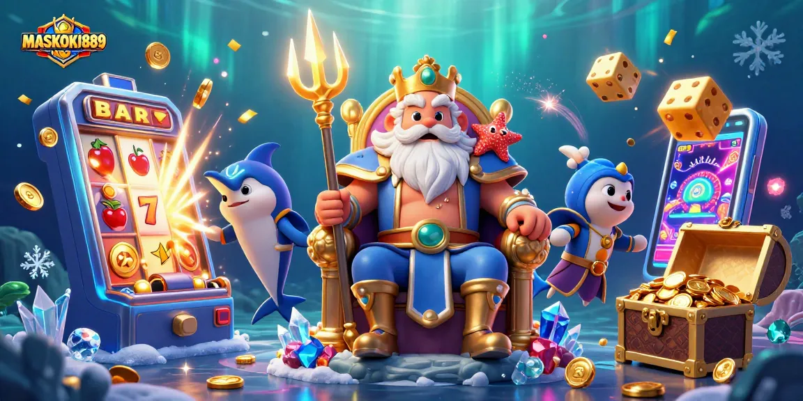 Experience thrilling gameplay with MASKOKI889 in an immersive casino scene bursting with vibrant elements.