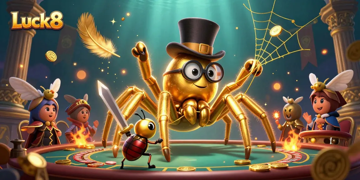 Engage with Luck8 in this captivating casino scene featuring a golden tarantula and brave beetle knight amid vibrant gaming elements.