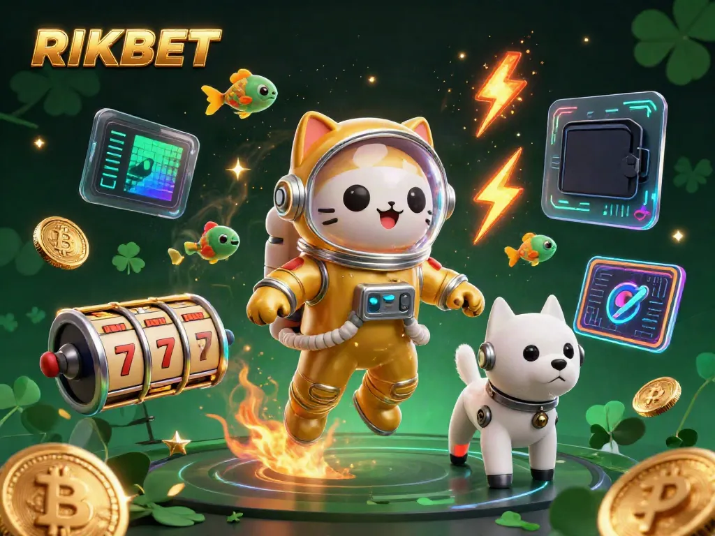 Engage with RIKBET's thrilling gaming adventure featuring a golden space-suited cat and robot dog in a cosmic jackpot realm.