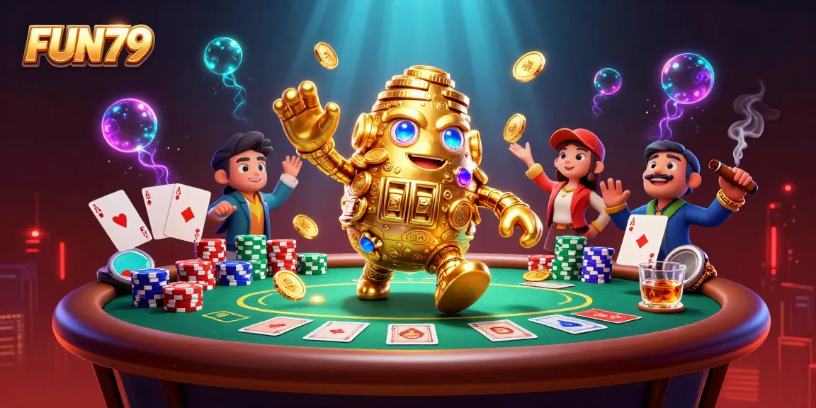 FUN79 engages players with vibrant casino action featuring a golden golem among poker chips and cards.