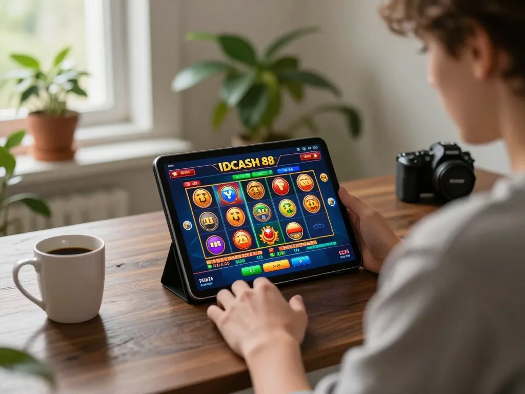 Engaging player on IDCASH 88 enjoying online slots in a cozy home setup.