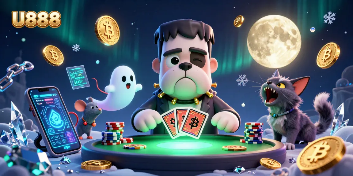 U888 engages players in a vibrant casino scene featuring a Frankenstein bulldog dealer and spooky elements.