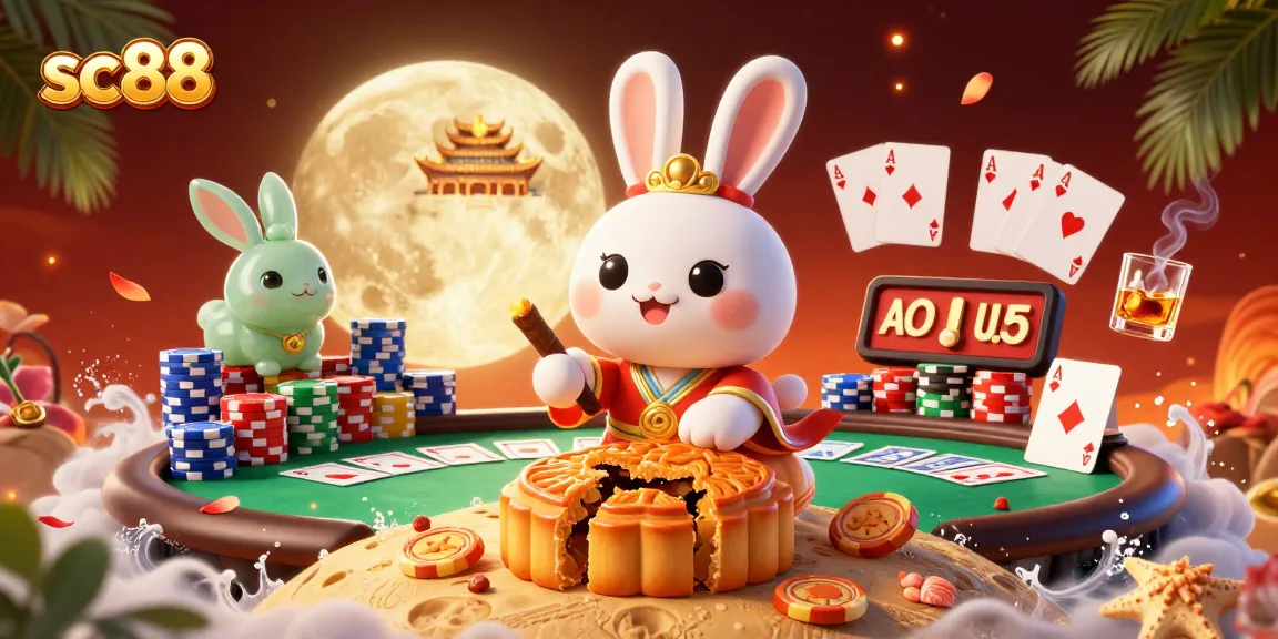 Engage with sc88: 3D illustration of a moon rabbit revealing poker chips inside mooncakes.