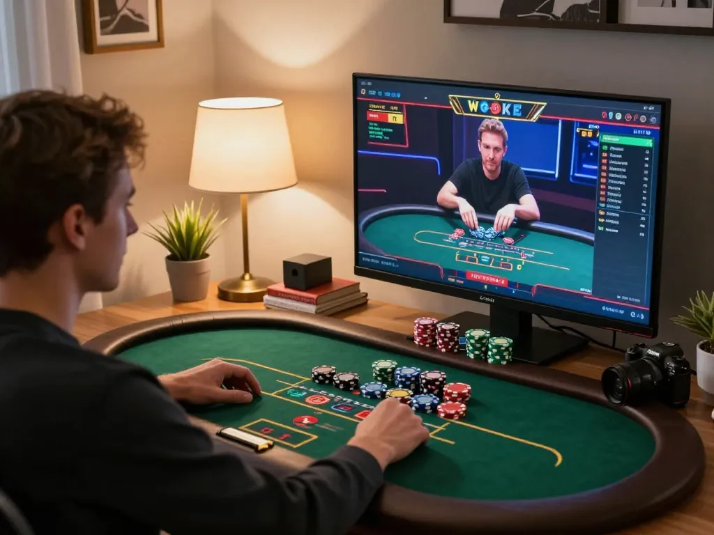 Sunwin players engaging in strategic live online casino game from a cozy home setup.
