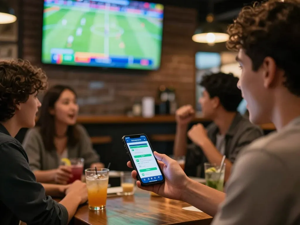 Capturing excitement in a sports bar with kèo nhà cái hôm nay displayed on smartphone and cheering friends.