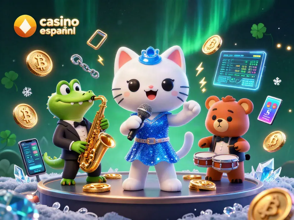 Juega en el casino online español con un gato cantante y elementos de criptomonedas brillantes.