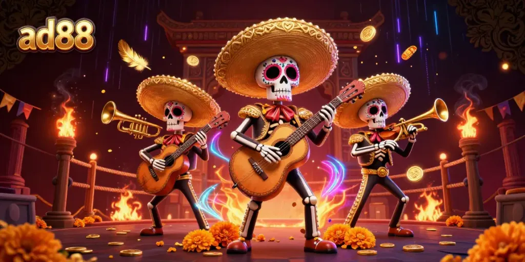Experience the vibrant ad88 gaming scene with bold mariachi characters and golden casino elements.