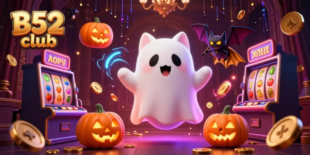 Experience excitement at B52 club with a ghost cat and bat in a vibrant casino scene