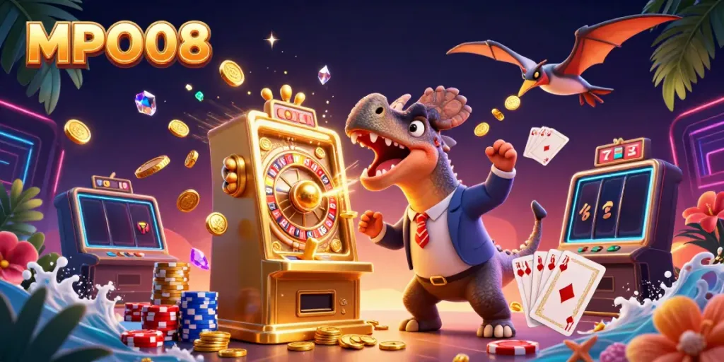 MPO08 showcases a dynamic casino scene featuring a dinosaur-themed slot machine jackpot event.
