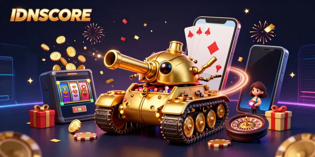 Engage with IDNSCORE's vibrant casino scene featuring a golden beetle tank and animated games.