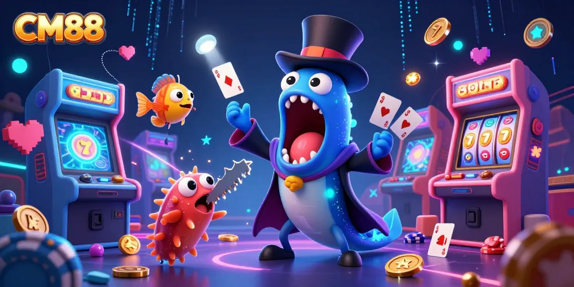 Engage with CM88's thrilling slot games in this vibrant 3D casino illustration featuring exciting characters.