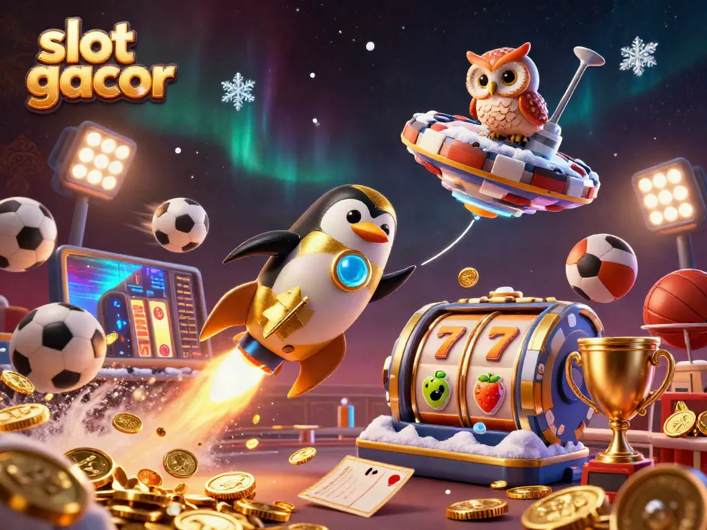 Engage in thrilling slot gacor gameplay with a vibrant scene featuring a golden penguin and dynamic casino elements.