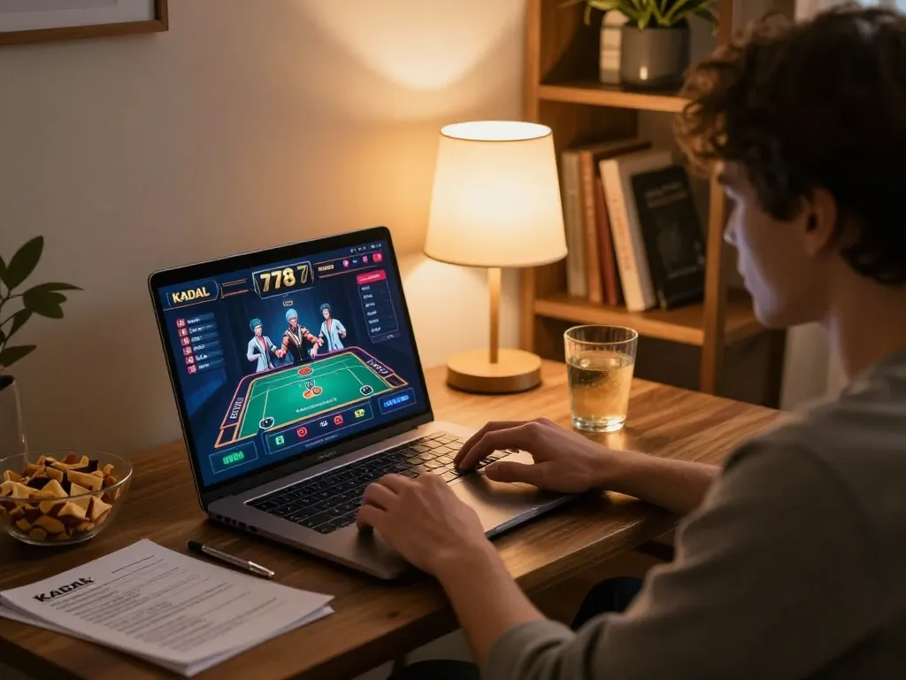 KADAL 778 player enjoying online casino gaming on a laptop in a cozy home setting.