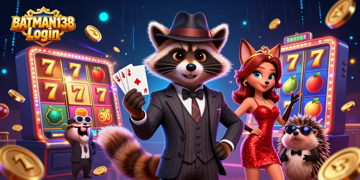 Experience the thrill of BATMAN138 Login with our charming raccoon character in a royal flush scene.