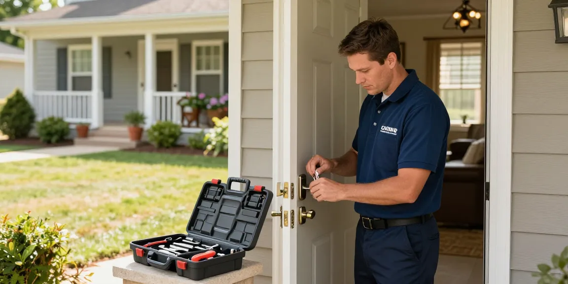 Locksmith Cary NC rekeying a front door lock at a suburban home, showcasing professionalism and trust.