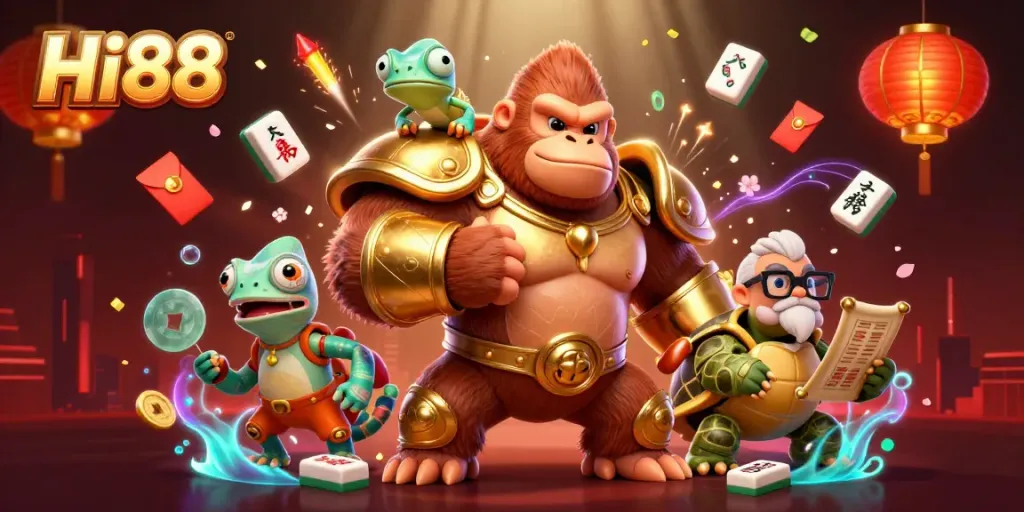 Engage in thrilling gaming adventures at Hi88 with vibrant characters and exciting casino elements.