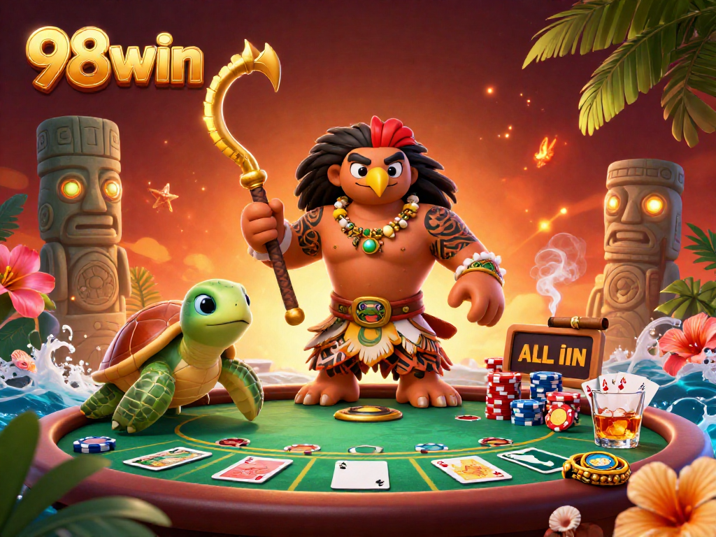 Engage in thrilling poker at 98win's vibrant casino scene with cartoons and dynamic game elements.