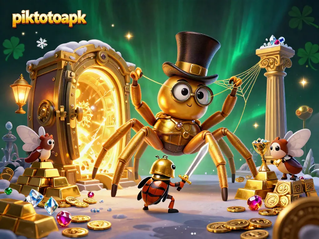 Experience piktotoapk with vibrant casino characters in a dazzling winnings scene full of treasures.