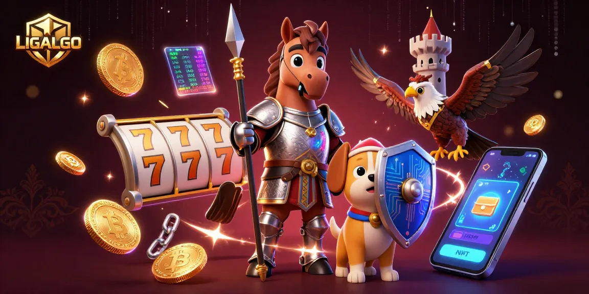 LIGALGO platform features a vibrant slot game scene with cartoon characters and digital assets, showcasing exciting gaming possibilities.