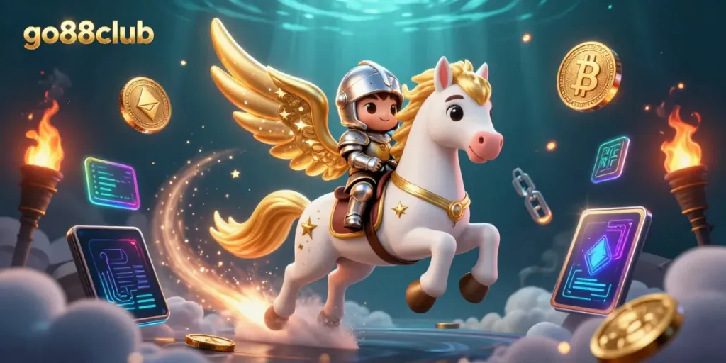 Engage in thrilling gameplay with go88club featuring a celestial horse and a cute knight amidst crypto elements.