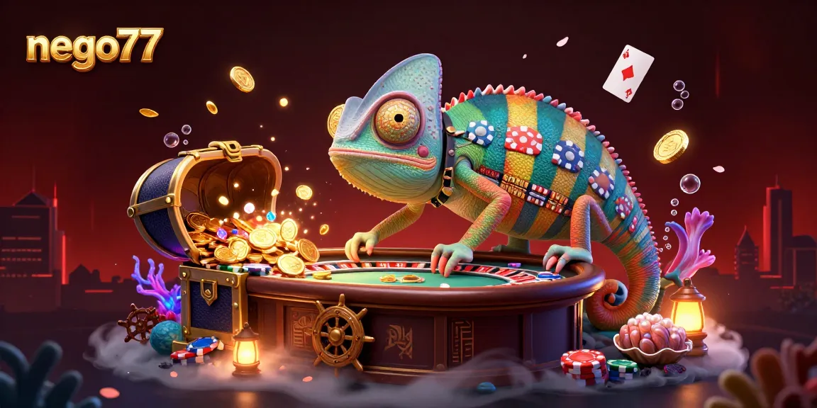 Engage with the colorful chameleon casino owner at nego77 capturing golden coins in an animated 3D casino scene.