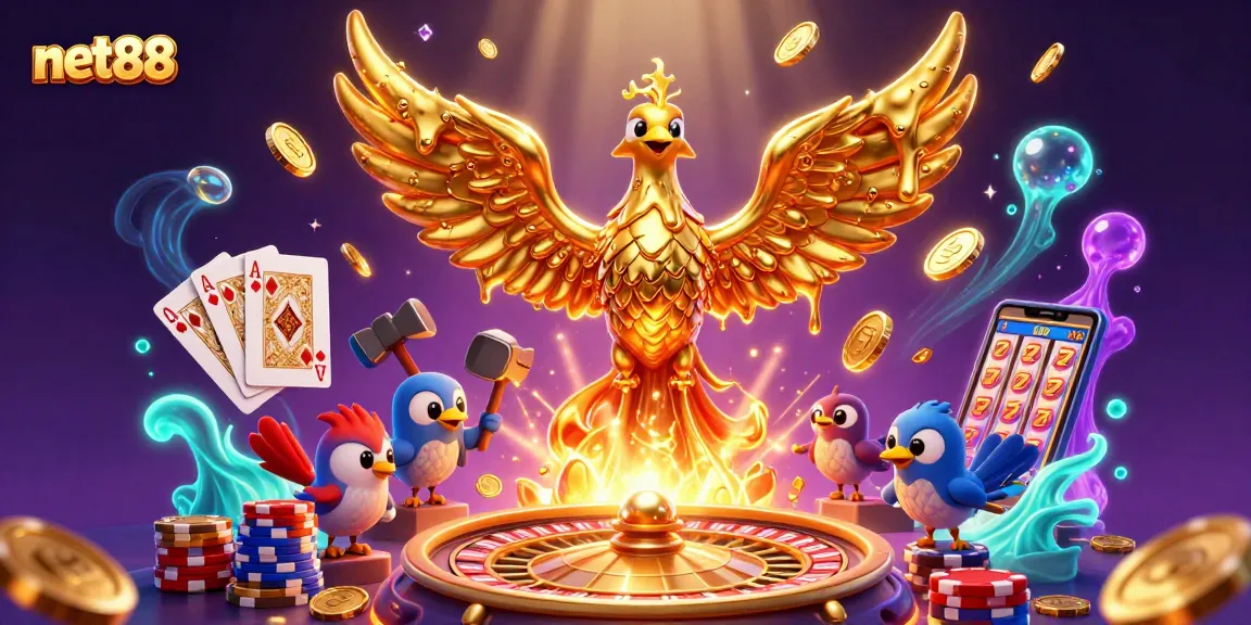 Experience thrilling gameplay at net88 with dynamic scenes of casino excitement, featuring golden phoenix and roulette.