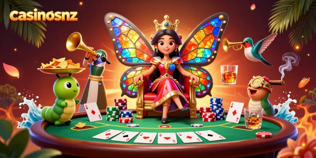 Experience high-stakes gameplay at casinosnz with vibrant illustrations of poker and casino elements.
